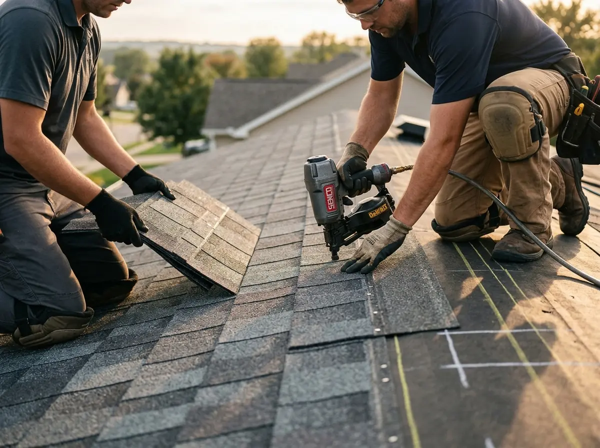 Professional roofer working on a residential roof in Inverness Highlands South